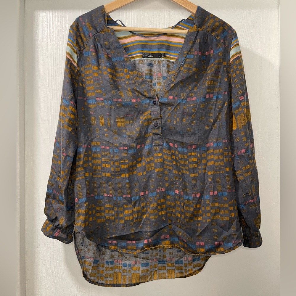 Prana Dark Grey Blouse with Blue and Orange design. Size S
